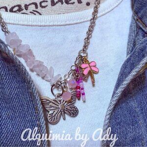 Baby pink multi charms necklace with pink quartz